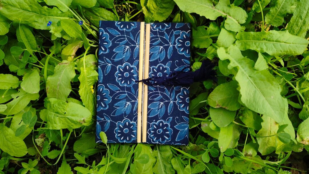 Handmade Paper Journal ': Block-print Fabric Cover Vintage Diary Notebook With Bamboo Stick with fabric Bookmark