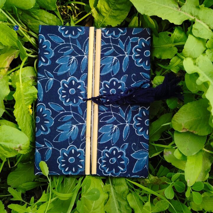 Handmade Paper Journal ': Block-print Fabric Cover Vintage Diary Notebook With Bamboo Stick with fabric Bookmark