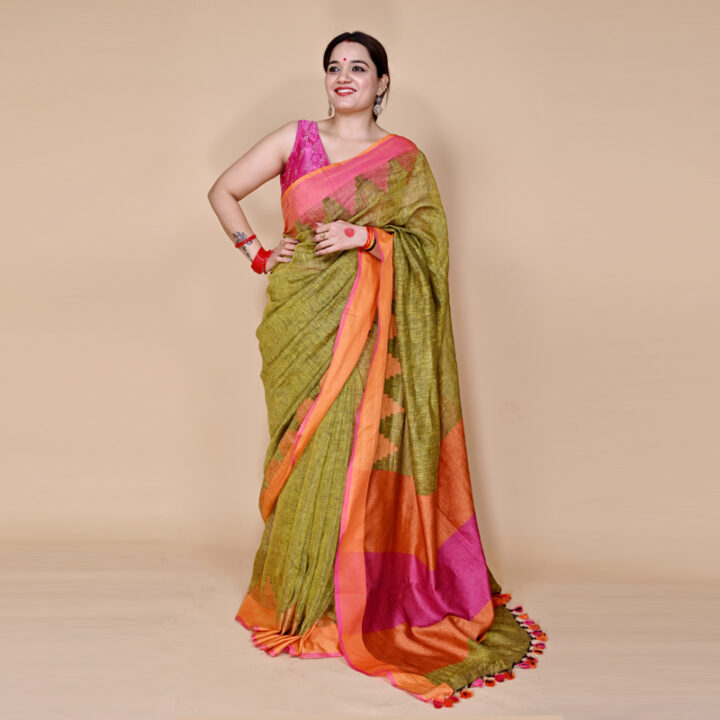 MAHENDI- Handloom Linen Green Saree