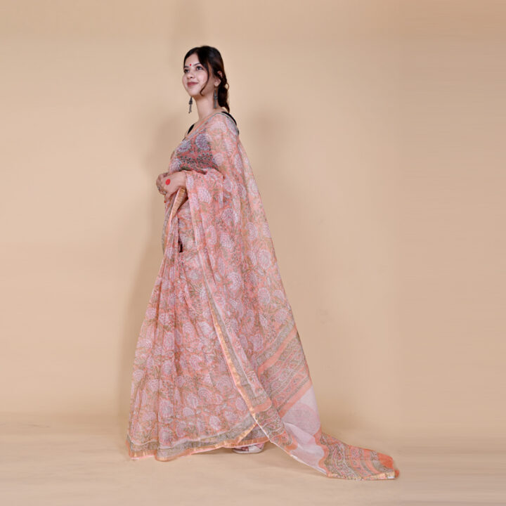 KESARI- Handblock Kota  Doria Peach Saree