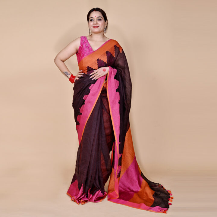 COFFEESAAR- Handloom Linen Dark Brown  colored Saree