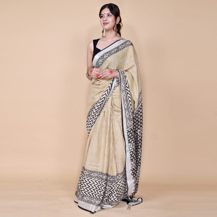 MITTI- Handblock Linen Bagru Print  Yellow Saree