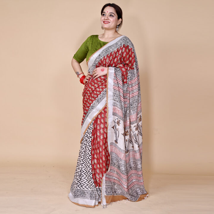 RUHI- Handblock  Bagru  Print Linen Red Saree