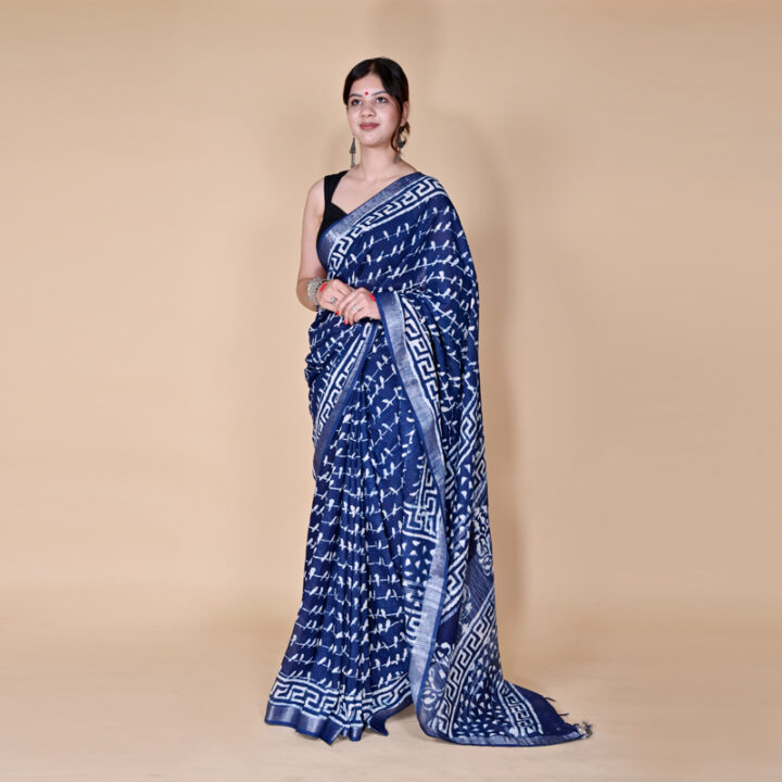 CHIDIYA -  Indigo HandBlock Print Linen Cotton Saree