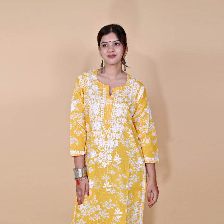 Chikankari Mulmul Printed Straight Kurta -Yellow