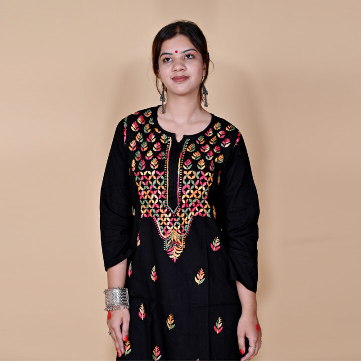 Chikankari Cotton l Printed Straight Kurta -Black