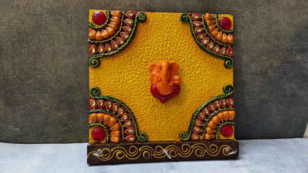 Ganesha Key Holder – Hand-Painted Wooden & Paper-Mâché with Kundan Work | Wall Décor for Home & Office - Image 2