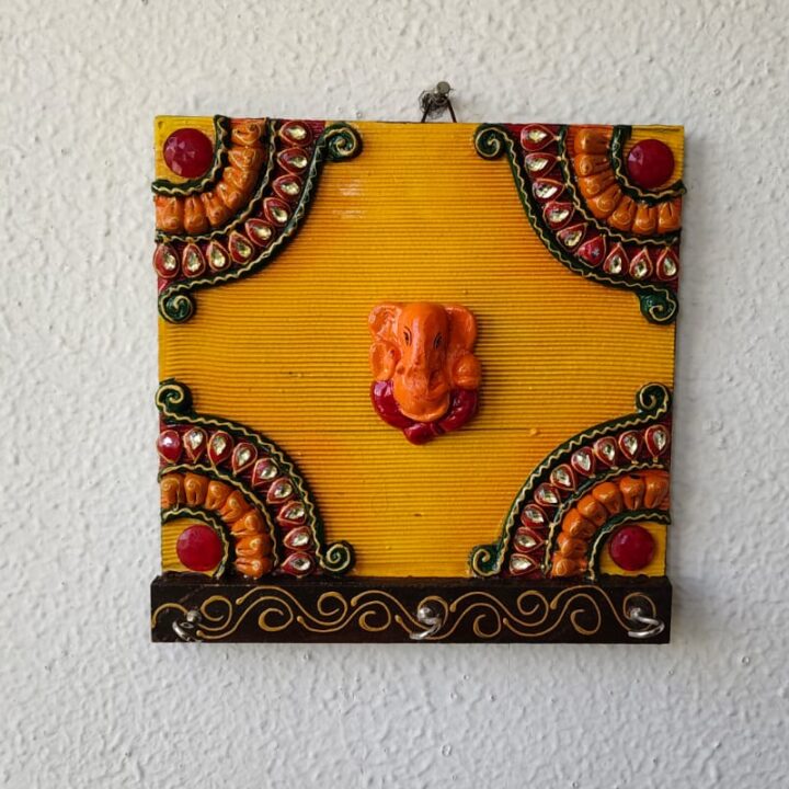 Ganesha Key Holder – Hand-Painted Wooden & Paper-Mâché with Kundan Work | Wall Décor for Home & Office