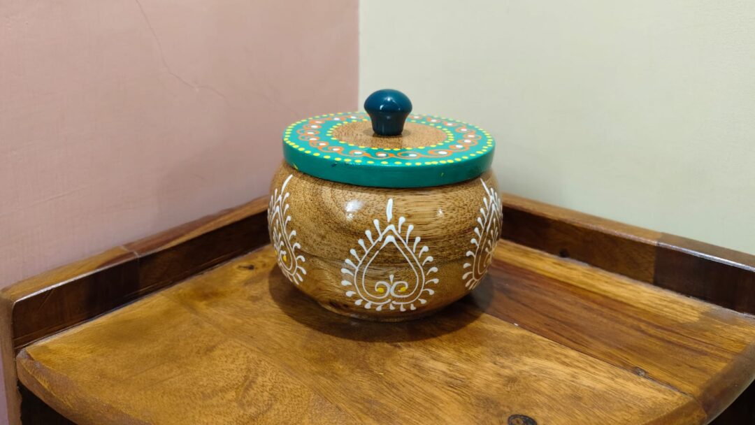 Wooden Rajasthani Handcrafted Jars - Handpainted wooden storage jars with lid I Set of 2 - Image 2