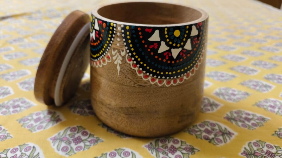 Wooden Mandala  Hancrafted Jars - Handpainted wooden storage jars with lid I Set of 2 - Image 3