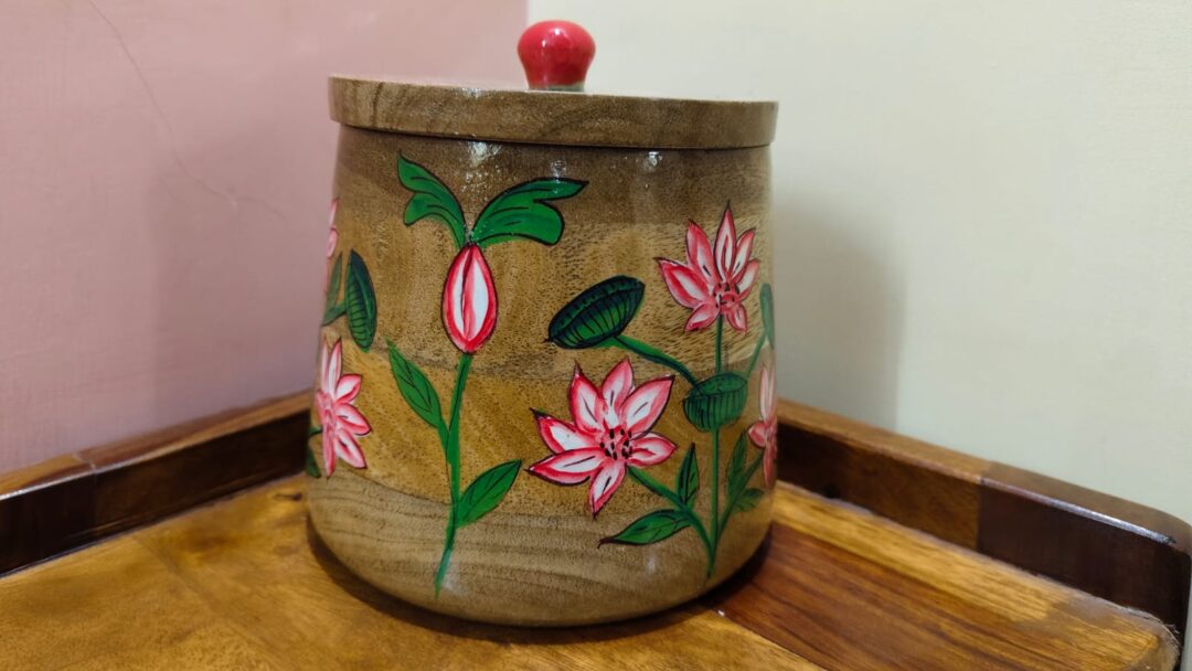 Wooden Floral Hancrafted Jars - Handpainted wooden storage jars with lid I Perfect Set Of 2 - Image 4
